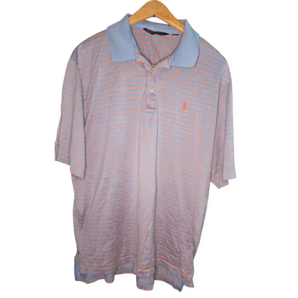 Vintage Polo Shirt Golf Ralph Lauren Mens Striped Blue & Orange Size L Cotton